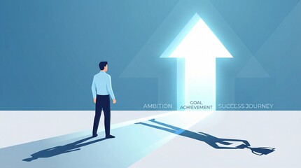 Obraz premium A focused individual stands before a radiant arrow, symbolizing the path of ambition, career growth, and the journey towards future success and new achievements
