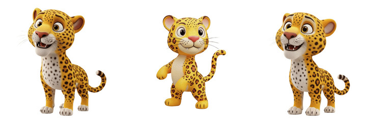 Cute Cheetah Cub Cartoon Mascot Set, Funny Spotted Wild Cat Character Illustrations, 3D Render Predator Stickers, Isolated Big Cat PNG Collection for Kids Creative Projects © QUO YEAT