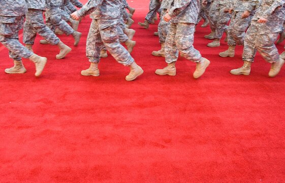 Military march in NY on red carpet