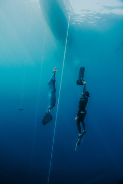 elite freedivers training on deep water line