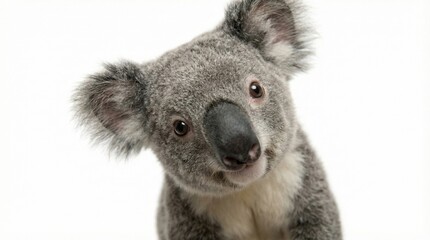 Obraz premium Adorable koala portrait with a curious head tilt, showcasing its soft grey fur and engaging dark eyes against a clean white backdrop, exuding charm and cuteness