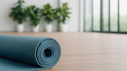 A rolled-up blue yoga mat on a wooden floor with blurred green plants and natural light from large windows in the background.