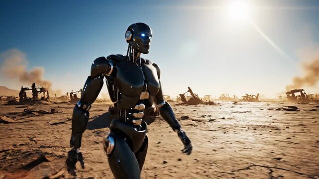 Metallic robot walks through desert wasteland