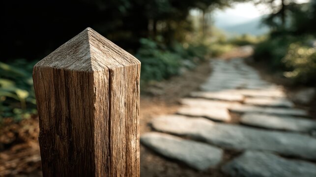 Outdoor relaxation at a blurred forest trail with a minimalist wooden post marker for nature lovers