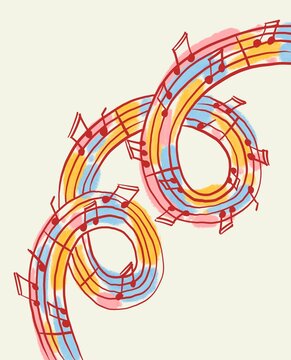 musical notes flowing in curved rhythm pattern