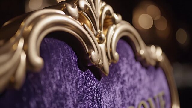 Close Up of Rich Purple Velvet Upholstery with Elaborate Gold Ornamental Trim and Carved Detailing