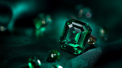 Faceted emerald gemstone ring sparkling on rich, dark green silk, symbolizing luxury, wealth, and elegance