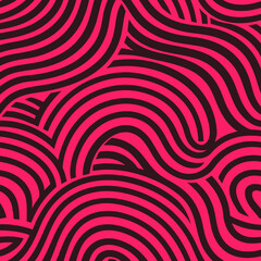 Obraz premium Seamless wavy zebra pattern with bold pink and black stripes, abstract vector illustration background.