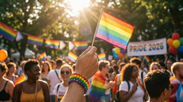 Hand holding a rainbow flag at a vibrant outdoor event, representing LGBT pride, diversity, and inclusion, set against a sunny backdrop