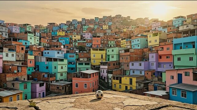 A worn-out soccer ball lies on a rooftop with a Brazilian favela in the background.