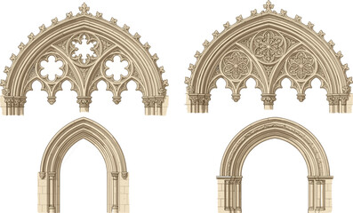 Naklejka premium Black-and-white vector silhouette illustration of four Gothic and Romanesque-style arches with ornate tracery, floral motifs, and decorative stonework, symbolizing medieval 