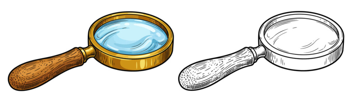 A magnifying glass and a hand-drawn magnifying glass placed side by side on a plain surface viewed from directly above