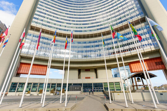 Vienna, Austria - February 25, 2026: International Flags Flying High at UNO City in Vienna