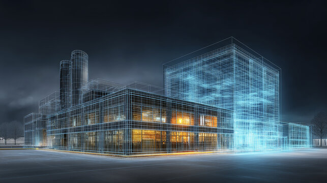 Futuristic architecture visualization of a building with glowing digital wireframe twin