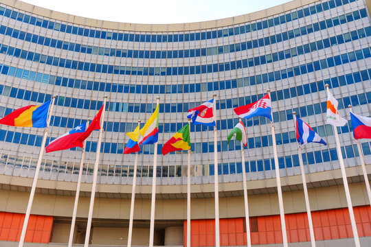 Vienna, Austria - February 26, 2026: Member State Flags at the UN Headquarters in Vienna