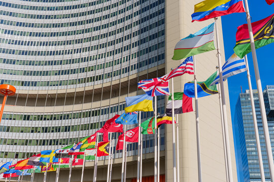 Vienna, Austria - February 26, 2026: Perspective View of World Flags at Vienna UN Headquarters