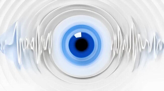 Abstract Blue Eye with Sound Waveform Visualization on White Background 3D Audio Concept