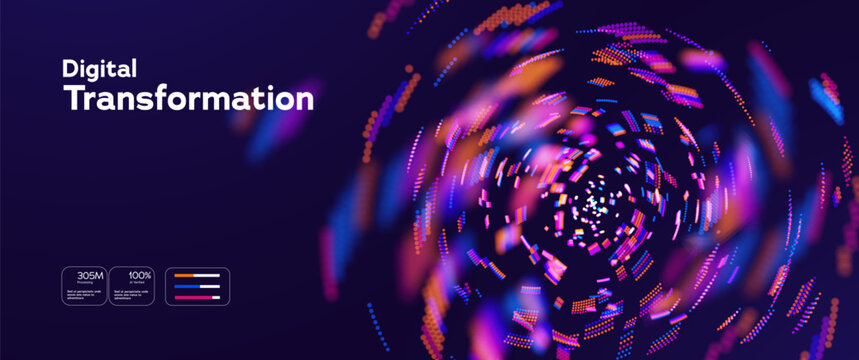 Futuristic Digital Transformation Concept With Neon Data Stream And Circular Particle Motion On Dark Background. Big Data Digital Technology. Innovation Strategies. Vector Illustration.