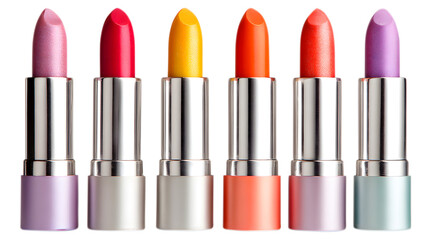 Six lipsticks in various colors isolated on a transparent background