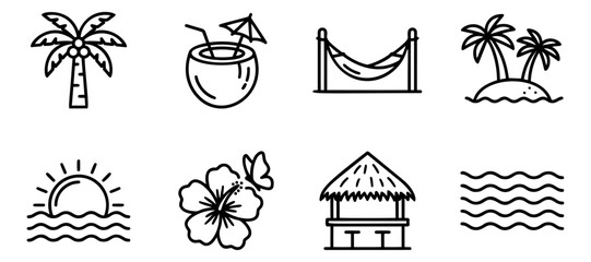 Naklejka premium Hand drawn line art tropical icons set featuring palm trees, a coconut drink, a hammock, and a beach hut for summer vacation and travel designs