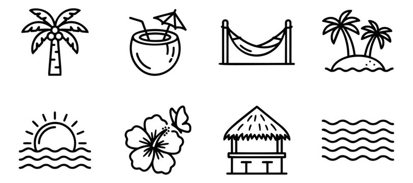 Hand drawn line art tropical icons set featuring palm trees, a coconut drink, a hammock, and a beach hut for summer vacation and travel designs
