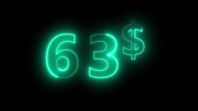 Neon 63 dollar price tag animation motion graphics business, technology, internet and networking concept. 4k video animation on background.