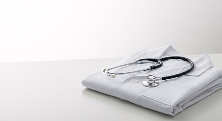 Clean white medical lab coat folded neatly on desk next to black stethoscope against minimalist bright background representing healthcare profession and clinical setting