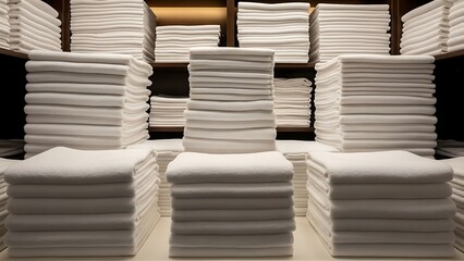 Stacks of clean towels organized neatly on shelves in a storage area during daytime