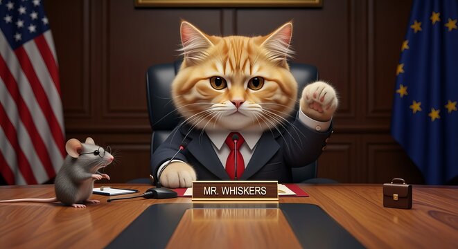Serious ginger cat in business suit leads conference meeting with nervous mouse in hilarious scene