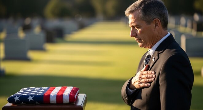 Patriotic man in suit standing at military cemetery with hand over heart paying respect to fallen soldiers next to folded american flag on wooden casket during sunny day