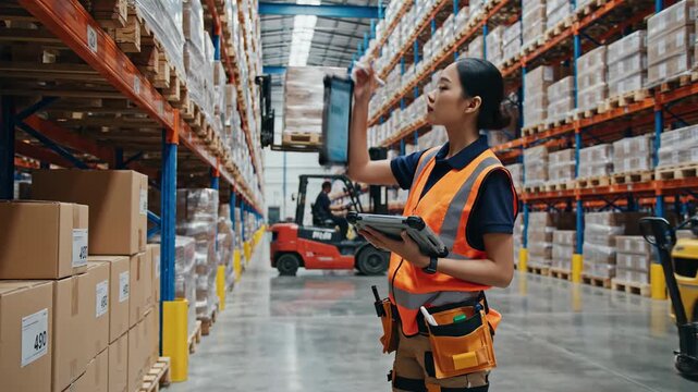 Warehouse worker inspecting inventory with a tablet computer in a large storage facility.