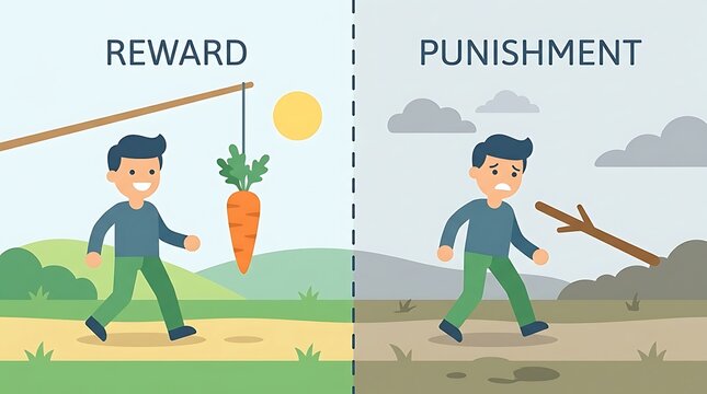 Man Walking Towards Reward or Punishment Illustration.