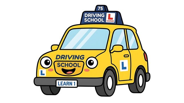 Yellow Cartoon Driving School Car Illustration.