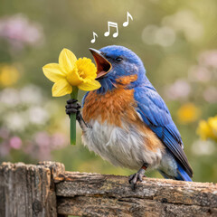 Fototapeta premium A bluebird perched on a rustic wooden fence in a garden, using a spring yellow daffodil as a microphone