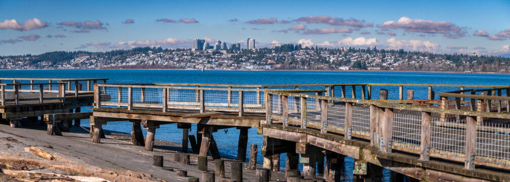 Panoramic view of White Rock, British Columbia which is just over the border from Blaine, WA and Semiahmoo Bay. White Rock is named for a large white boulder on its beach near the promenade.