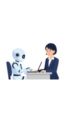 A white and blue robot sits opposite a woman in a business suit at a desk, both figures focused on operating their individual laptops.