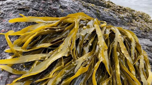 Ocean Kelp: The golden, intertwined fronds of ocean kelp cascade over a textured rock surface, creating a visual symphony of organic forms and textures.