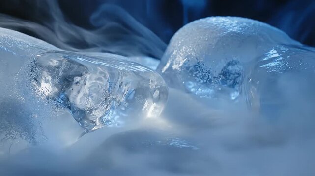 Ice cubes and thick fog floating on surface. Cold temperature and chilling vapor. Dry carbon dioxide for special effects