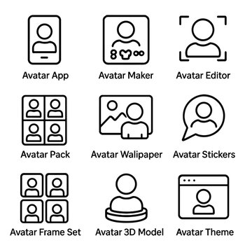Avatar creator icons: app, maker, editor, pack, wallpaper, stickers, frame, model