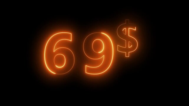 Neon 69 dollar price tag animation motion graphics business, technology, internet and networking concept. 4k video animation on background.