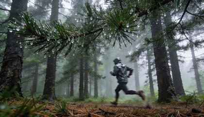 Fototapeta premium Trail runner in a misty rain-soaked pine forest beneath droplet-laden branches, dynamic motion