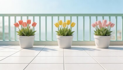 Fototapeta premium Potted tulips on sunny balcony tiles