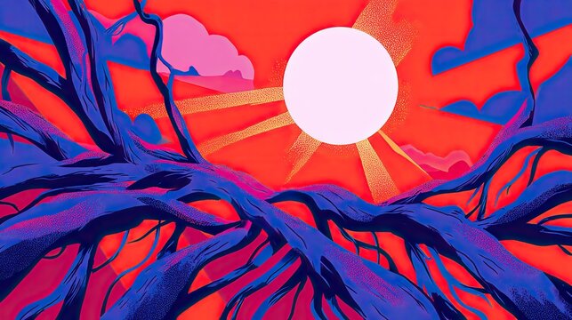 Bright celestial body illuminates tangled dark plant structures against a vibrant sky