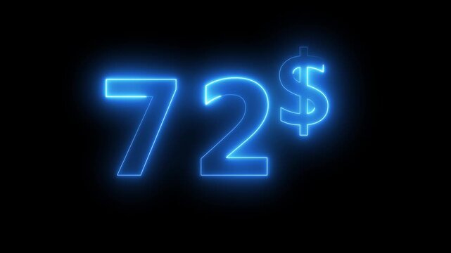 Neon 72 dollar price tag animation motion graphics business, technology, internet and networking concept. 4k video animation on background.