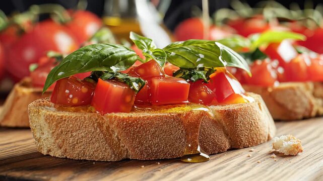 Close up of bruschetta toasts with tomatoes and basil on wooden surface