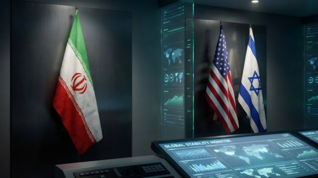 Iran, usa, israel flags representing global geopolitics and stability