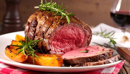 Sliced roast beef, medium-rare, with rosemary, roasted vegetables, and red wine on a plate