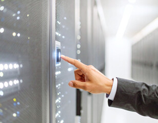 Professional hand pressing a glowing button on a hightech server rack in a bright data center. Ideal for representing cybersecurity, cloud hosting, IT support, and digital infrastructure.