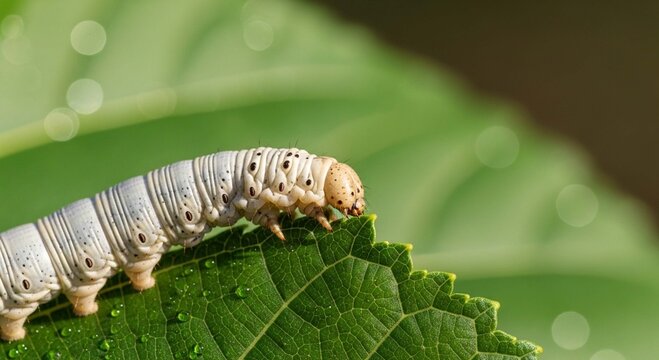Animal photo of silkworm on leaves.