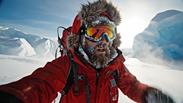 Man in Red Coat in Snowy Mountainous Region.